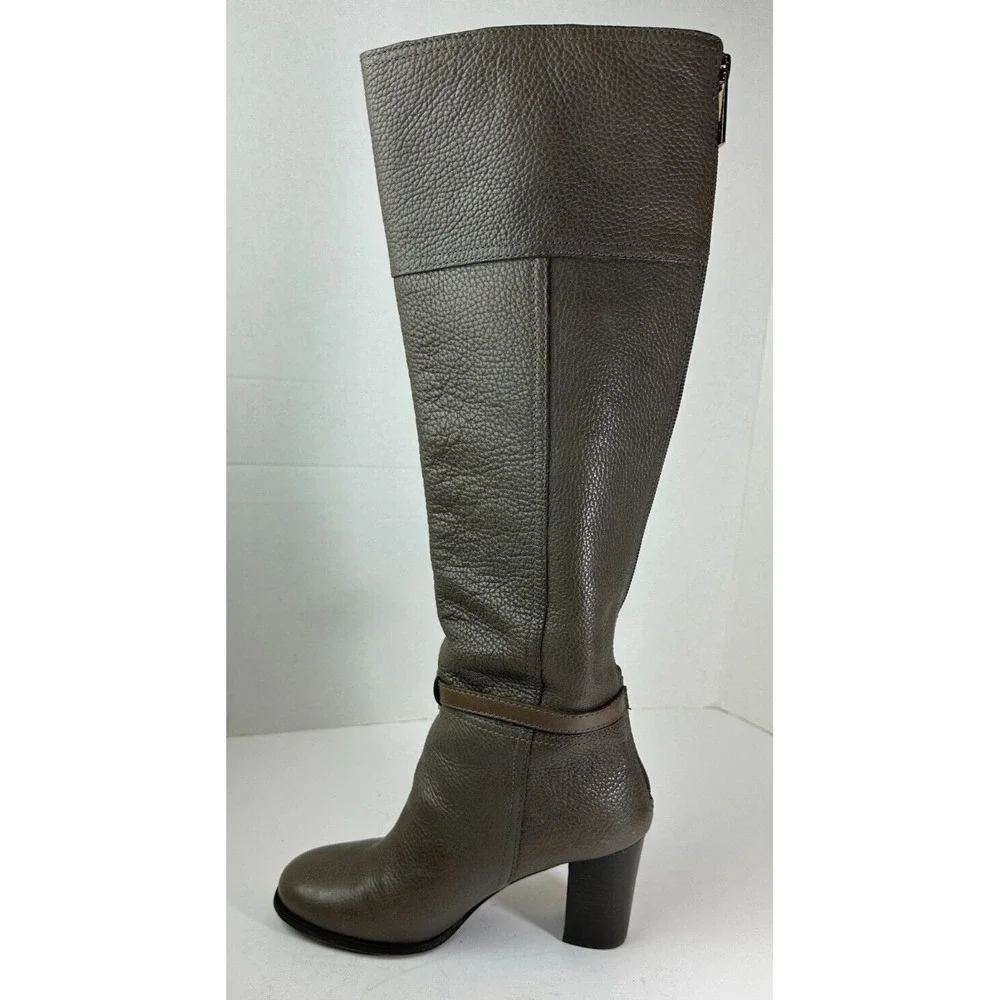Tory Burch Pebbled Leather Zip Tall Block Heel Buckle Boots Gray 6M Quiet Luxury